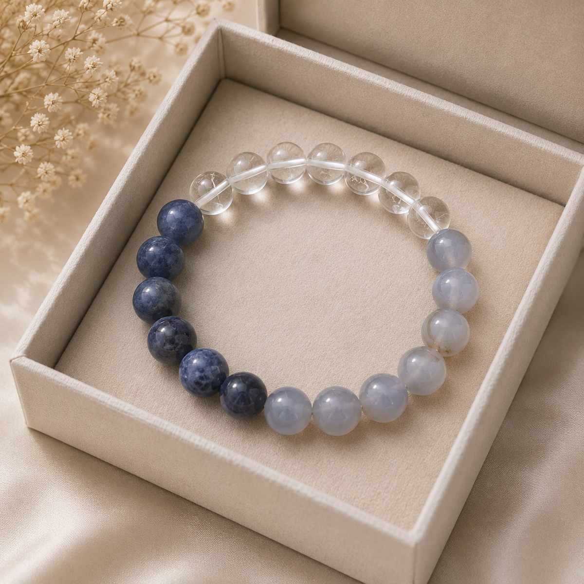 Combination of Blue Lace Agate, Sodalite, and Clear Quartz, 10 mm
