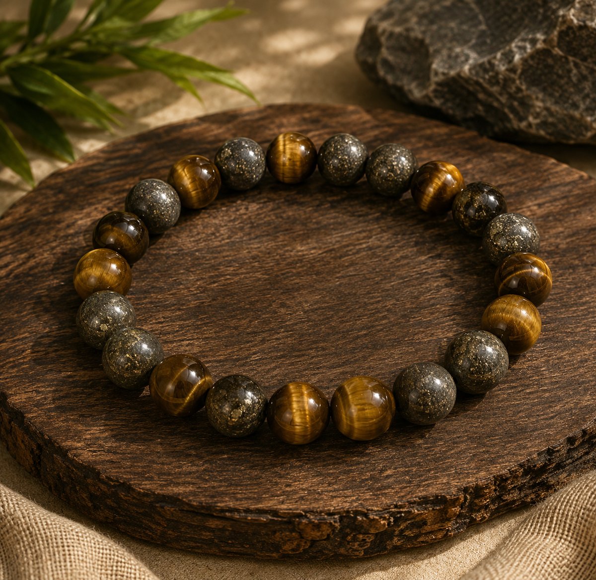 Combination of Tiger eye and Pyrite Bracelet, 10 mm