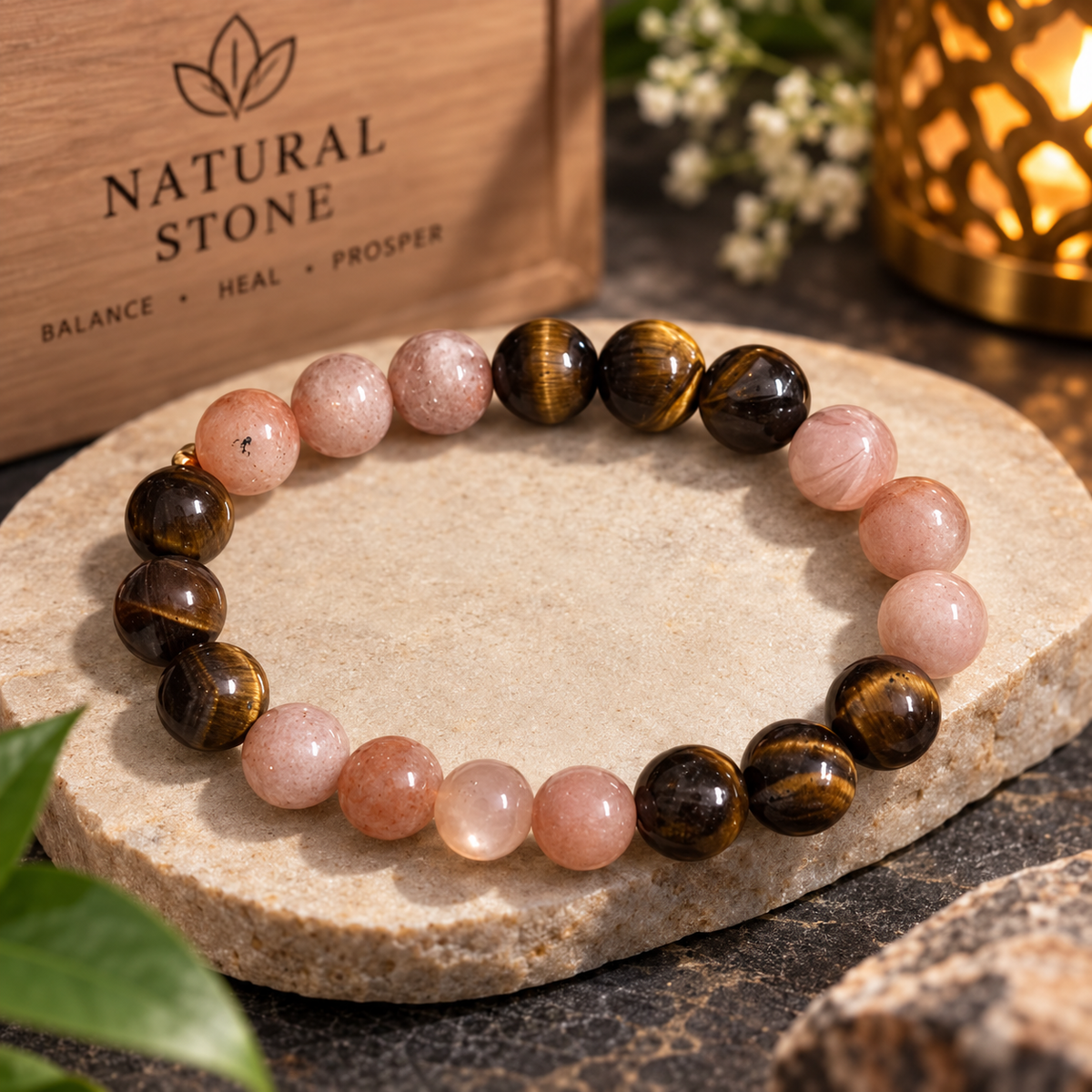 Sunstone and Tiger Eye Bracelet, 10 mm